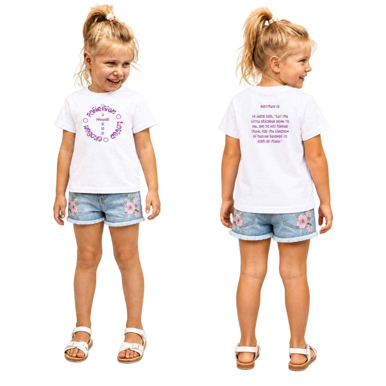 Jesus Frees - Kids 100% Cotton T-Shirts Girls - Font 58 Hearts Matthew 19:14 Pink-Purple Fade