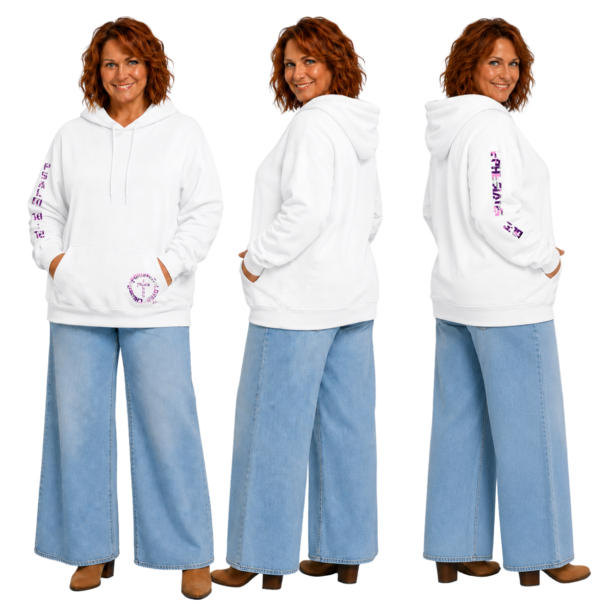 Jesus Frees™ Apparel | Women’s Sand Scripture Hoodie | Font 153 Pink-Purple Camo