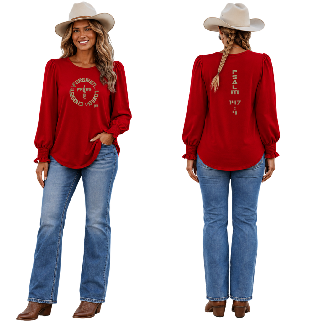 Jesus Frees™ Apparel | Women's Long Sleeve Scripture Shirt | Font 153 Gold with Glitter | XD