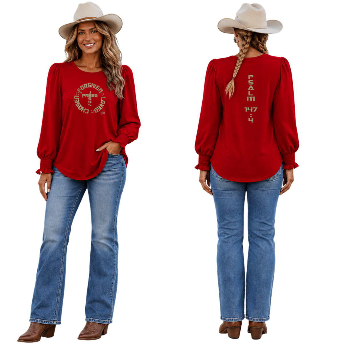 Jesus Frees™ Apparel | Women's Long Sleeve Scripture Shirt | Font 153 Gold with Glitter | XD