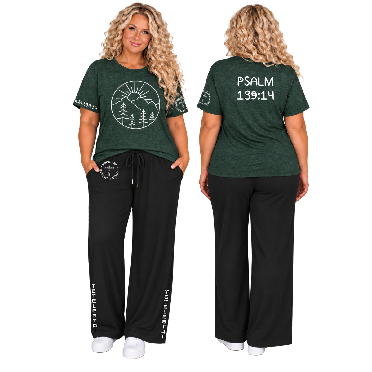 Jesus Frees™ Apparel | Women's Plus Size Forrest Green Scripture Shirt | Font 303 White |MK