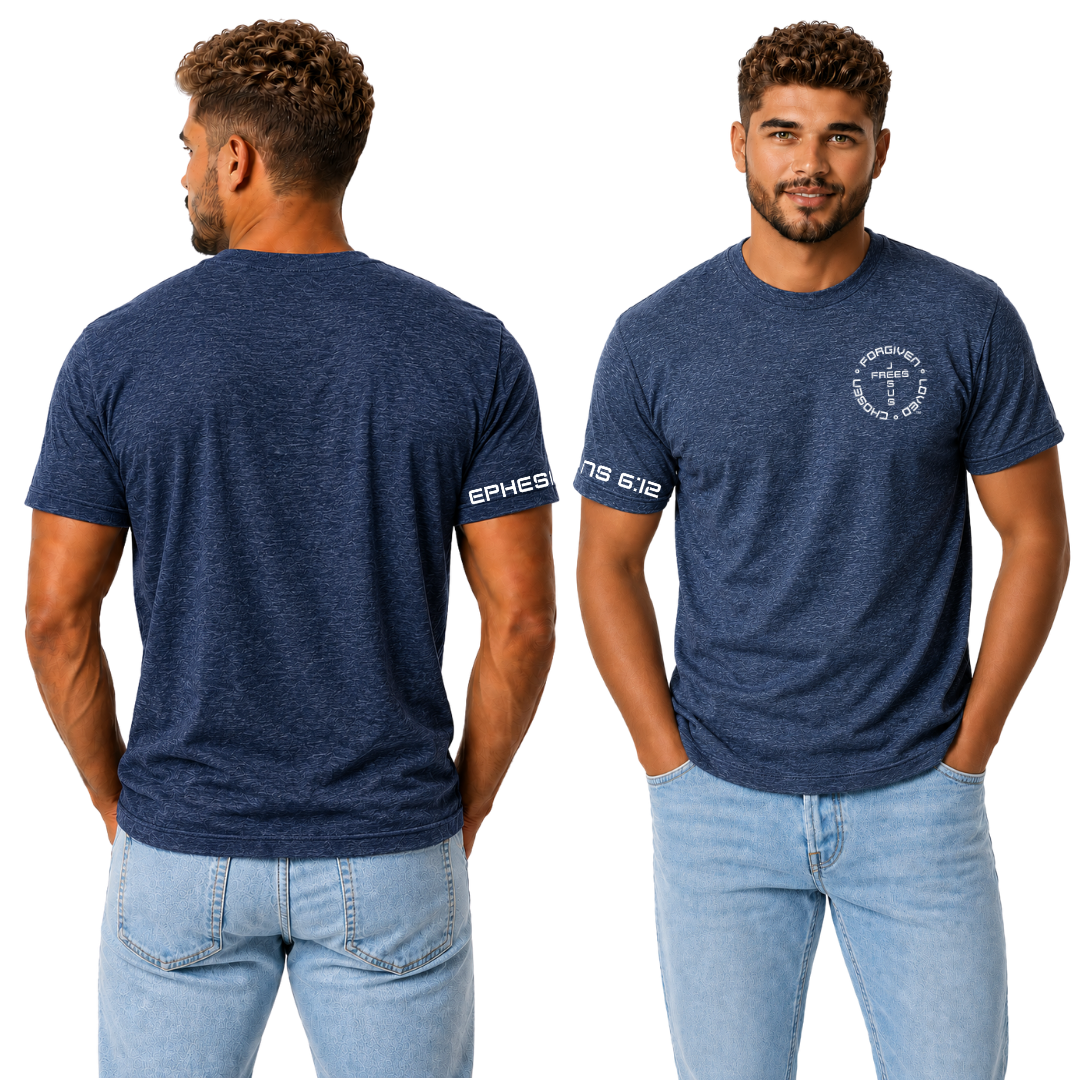Jesus Frees - G20 Heather Indigo Ultra Cotton Men's T-Shirt - Font 49 White