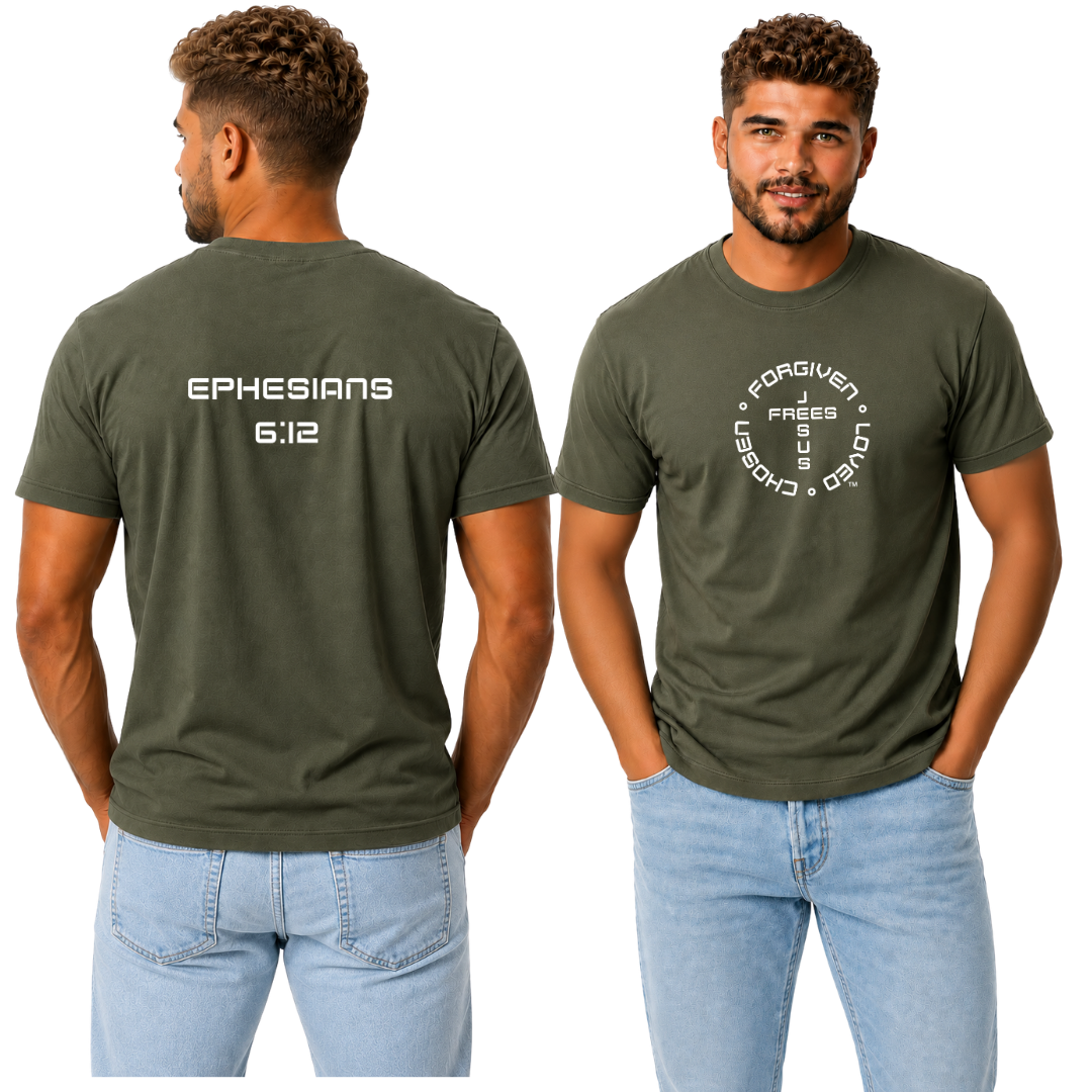 Jesus Frees - G20 Military Green Ultra Cotton Men's T-Shirt - Font 49 White