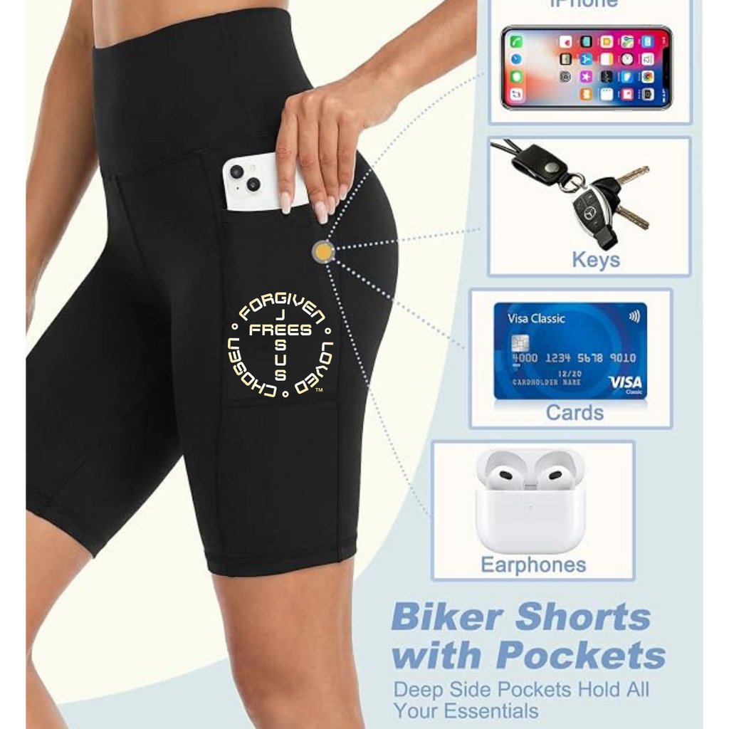 Jesus Frees - Women's 8" High Waisted Biker Shorts with Pockets - Font 49 Fade