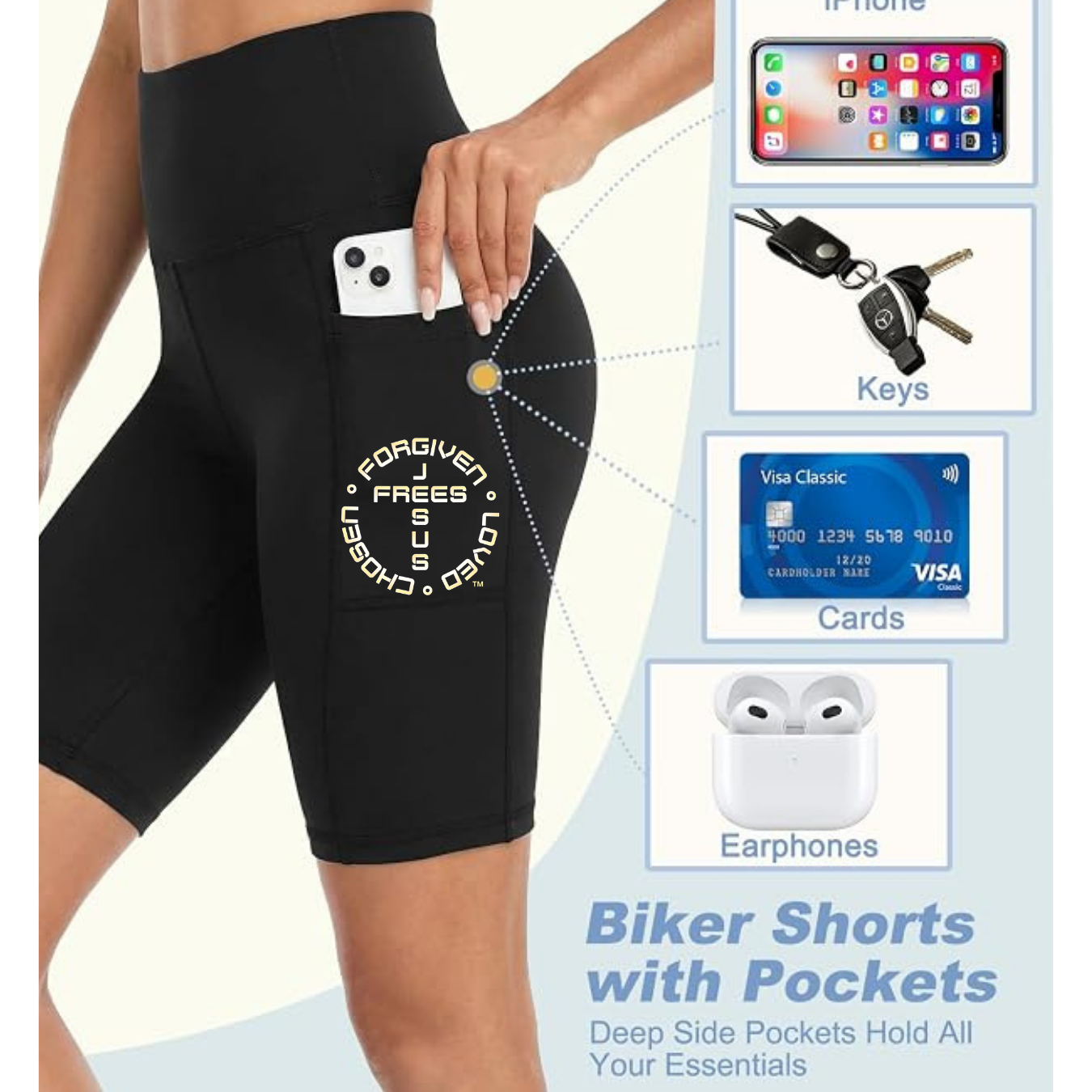 Jesus Frees - Women's 8" High Waisted Biker Shorts with Pockets - Font 49 Fade