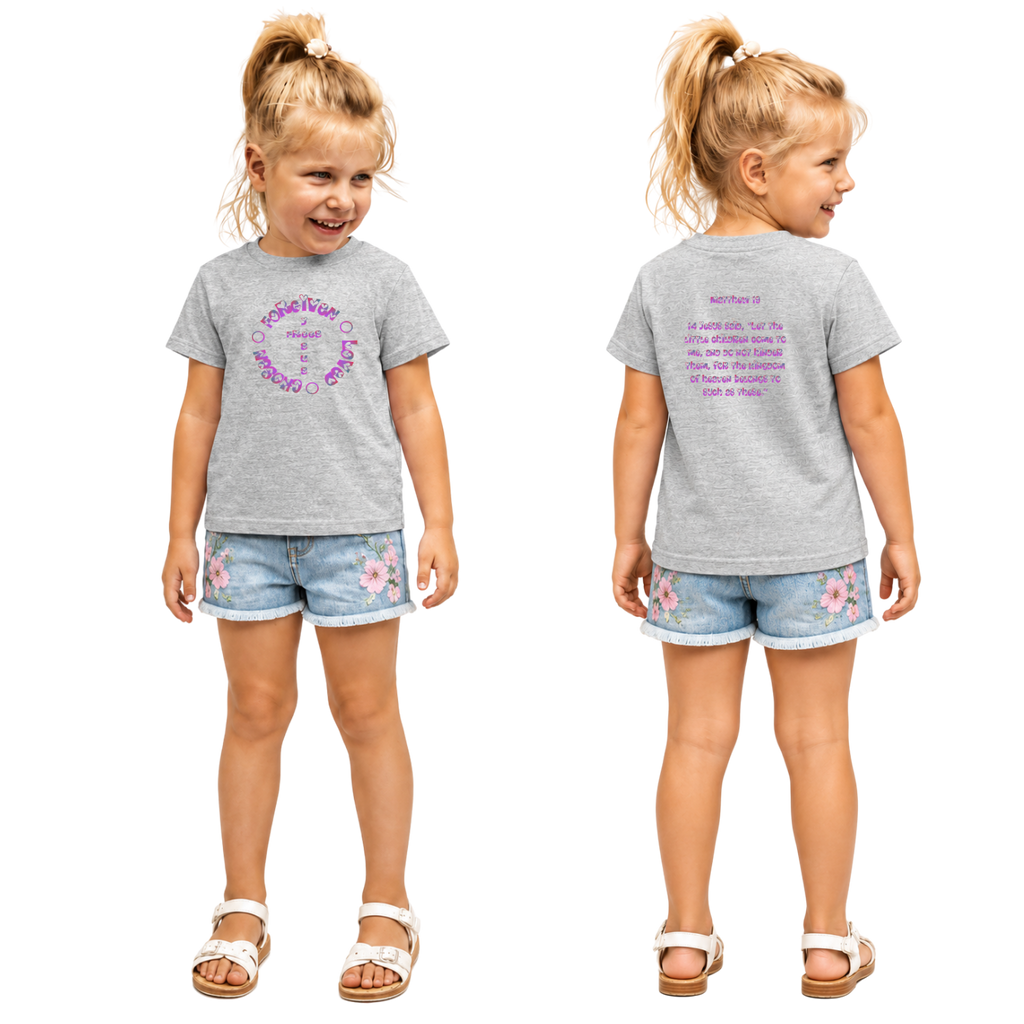 Jesus Frees - Kids 100% Cotton T-Shirts Girls - Font 58 Hearts Matthew 19:14 Pink-Purple Fade
