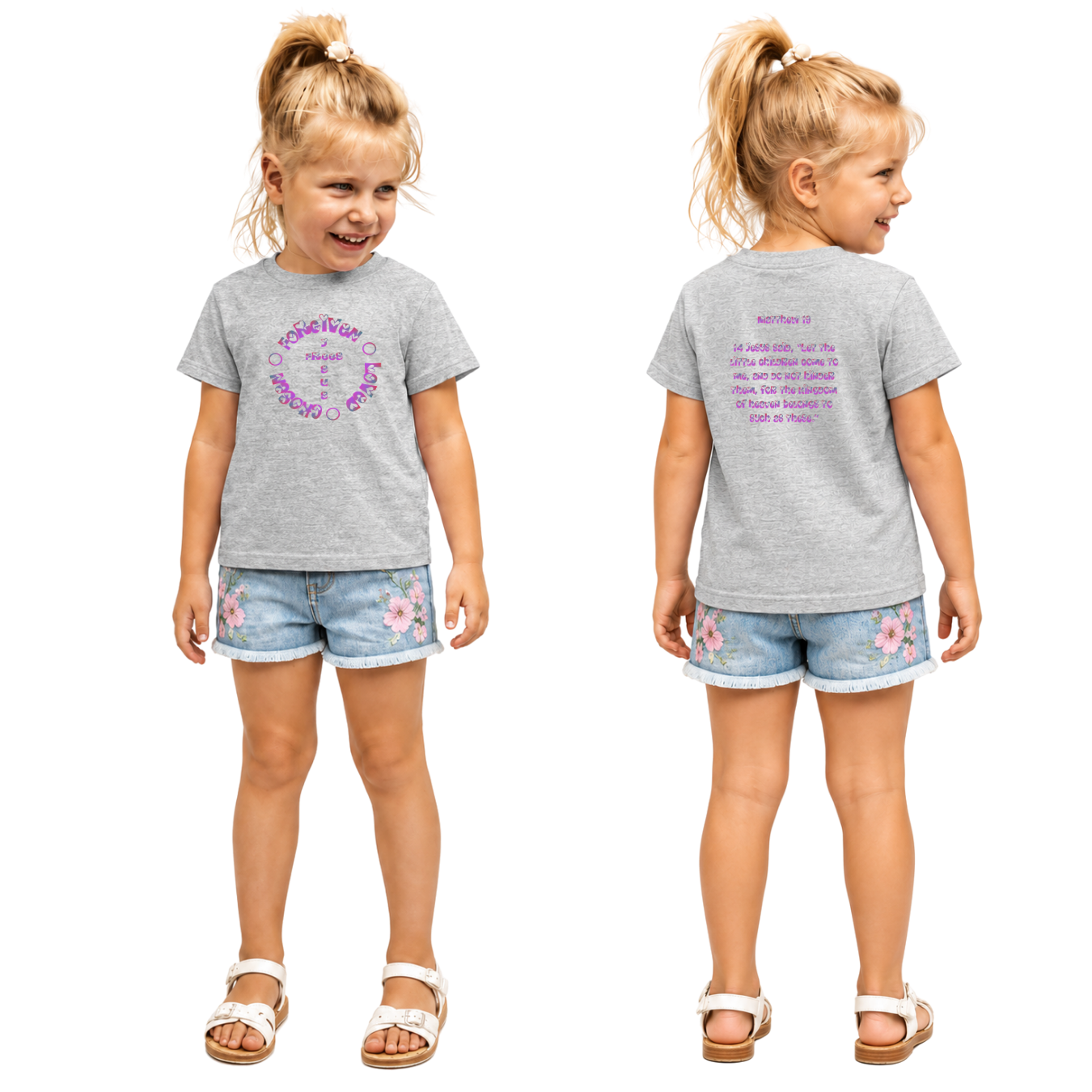 Jesus Frees - Kids 100% Cotton T-Shirts Girls - Font 58 Hearts Matthew 19:14 Pink-Purple Fade