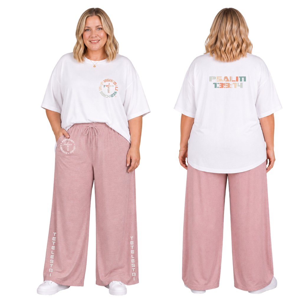 Jesus Frees™ Apparel | Women’s Plus Size Wide Leg Scripture Pants | Font 49 White | Neer Heather