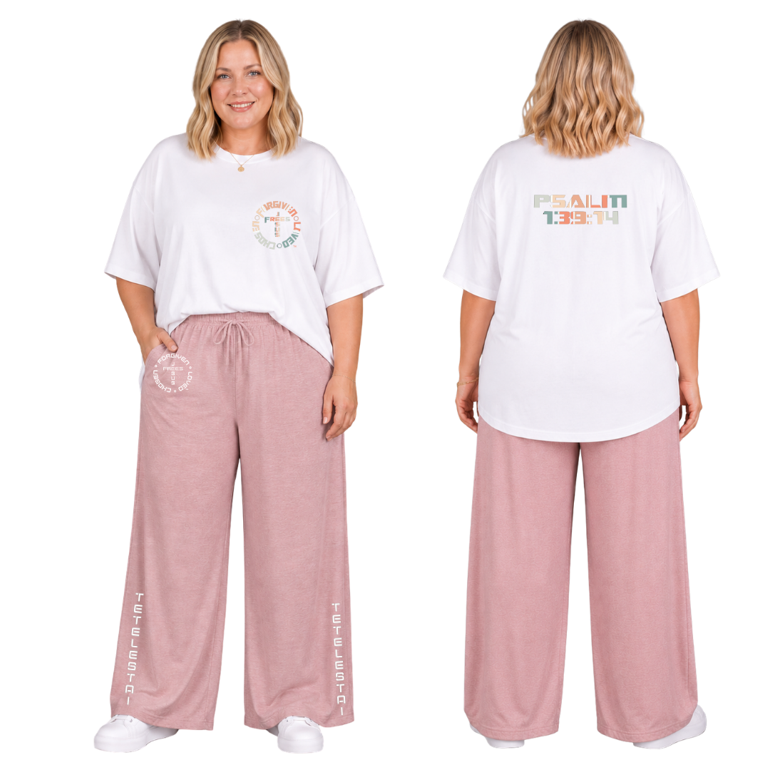 Jesus Frees™ Apparel | Women’s Plus Size Wide Leg Scripture Pants | Font 49 White | Neer Heather