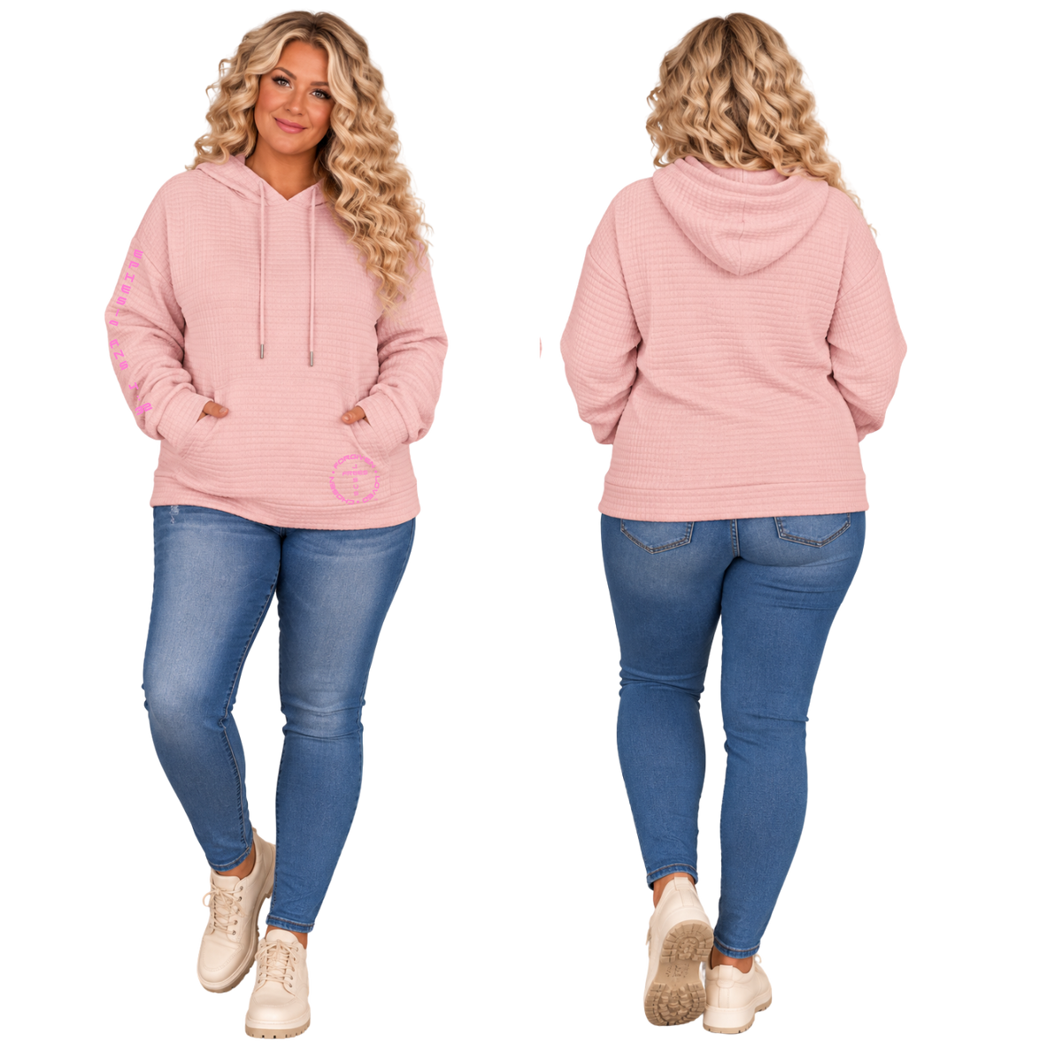 Jesus Frees™ Apparel | Women’s Plus Size Pink Waffle Scripture Hoodie | Font 143
