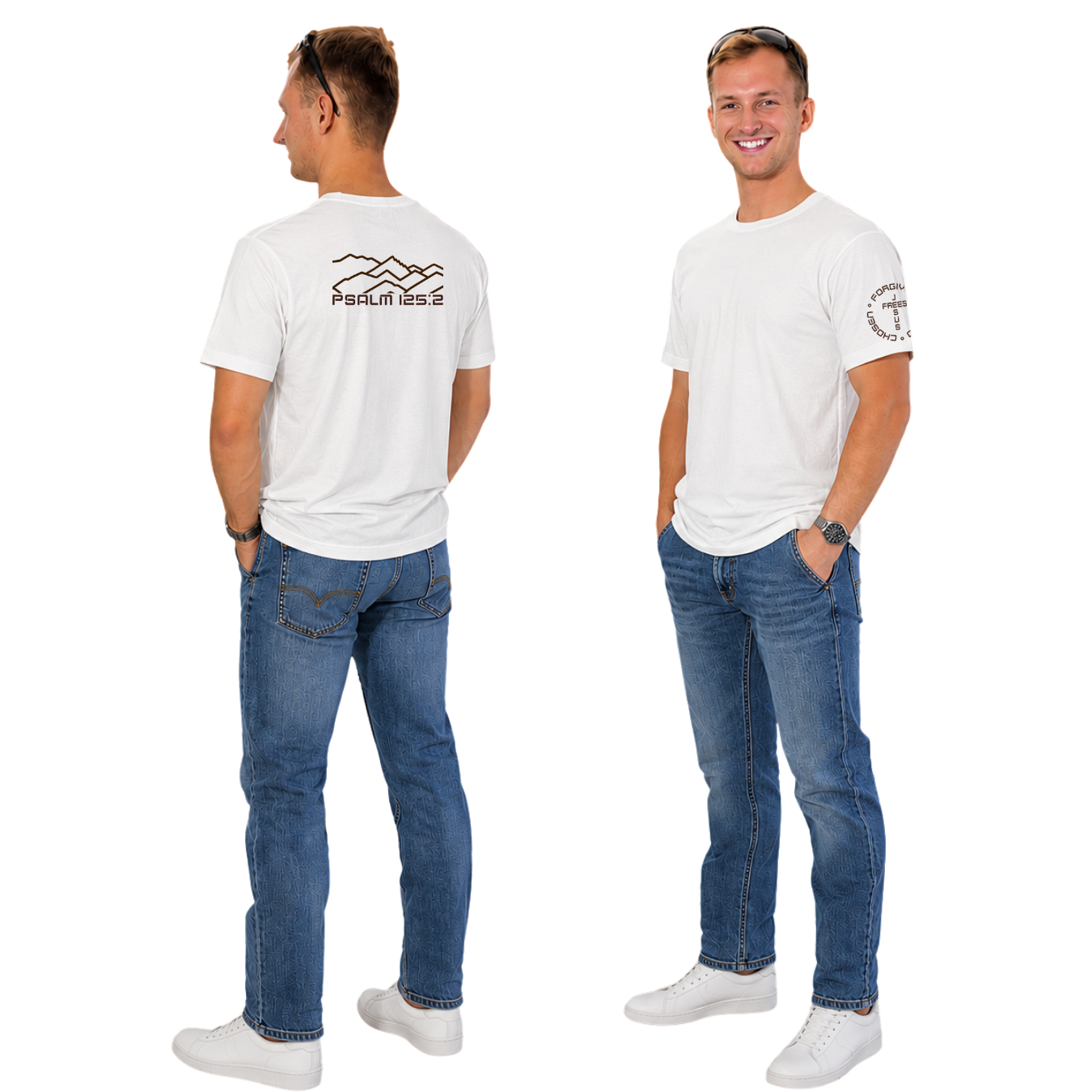 Jesus Frees - G64 Soft Style White Cotton Men's T-Shirt - Font 49 Brown Montana Mountains