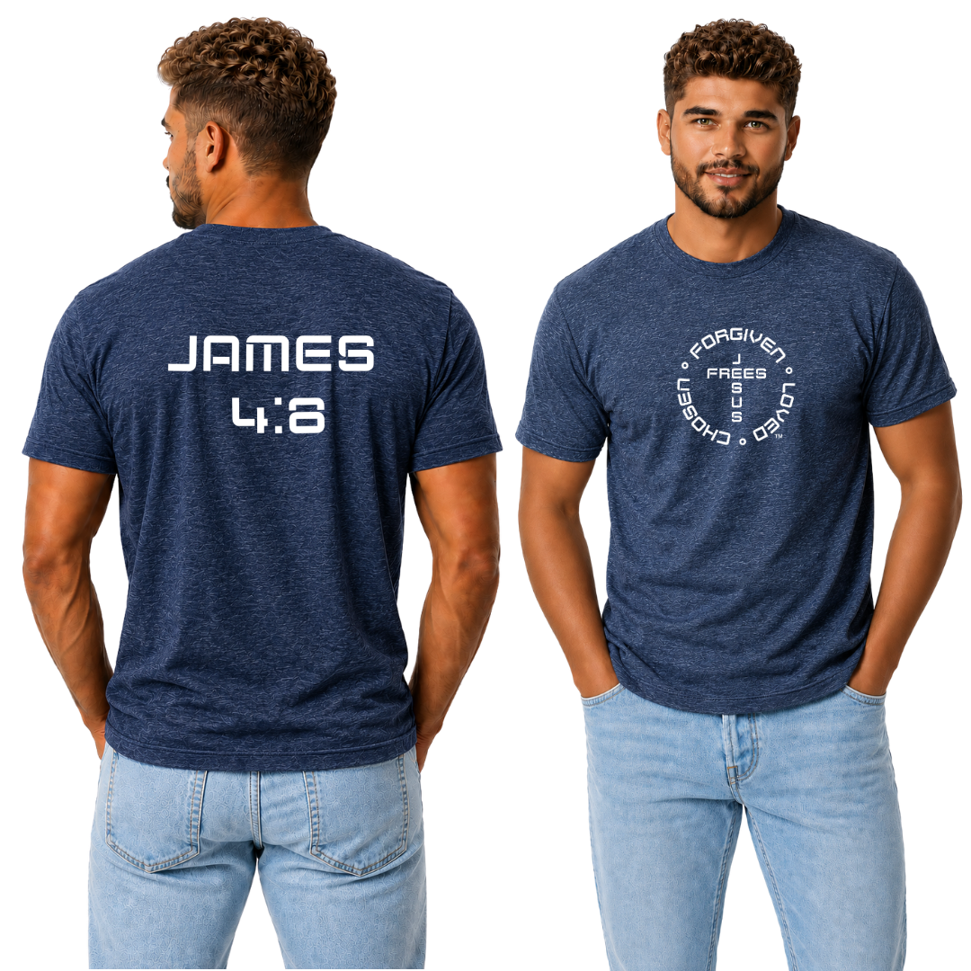 Jesus Frees - G20 Heather Indigo Ultra Cotton Men's T-Shirt - Font 49 White