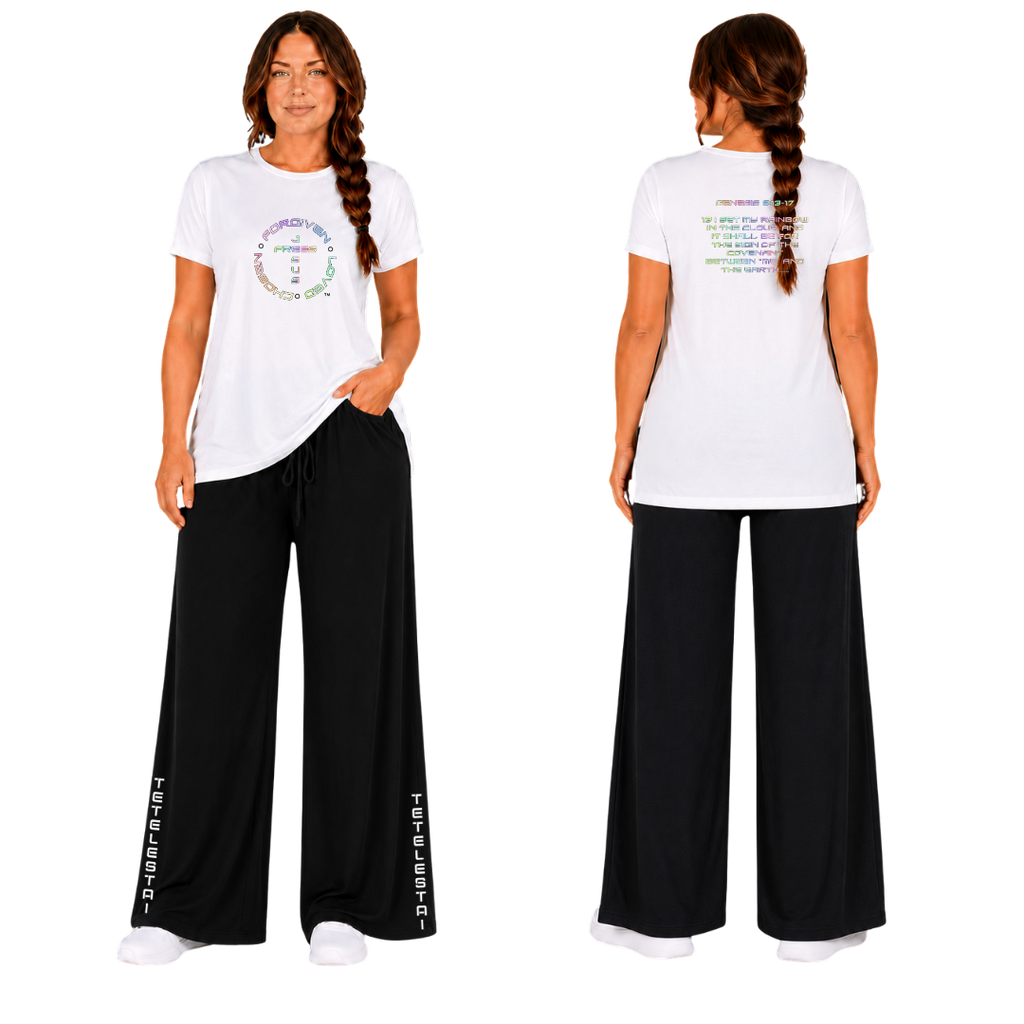 Jesus Frees - G64 Soft Style White Cotton Women's T-Shirt - God's Covenant 143 Rainbow
