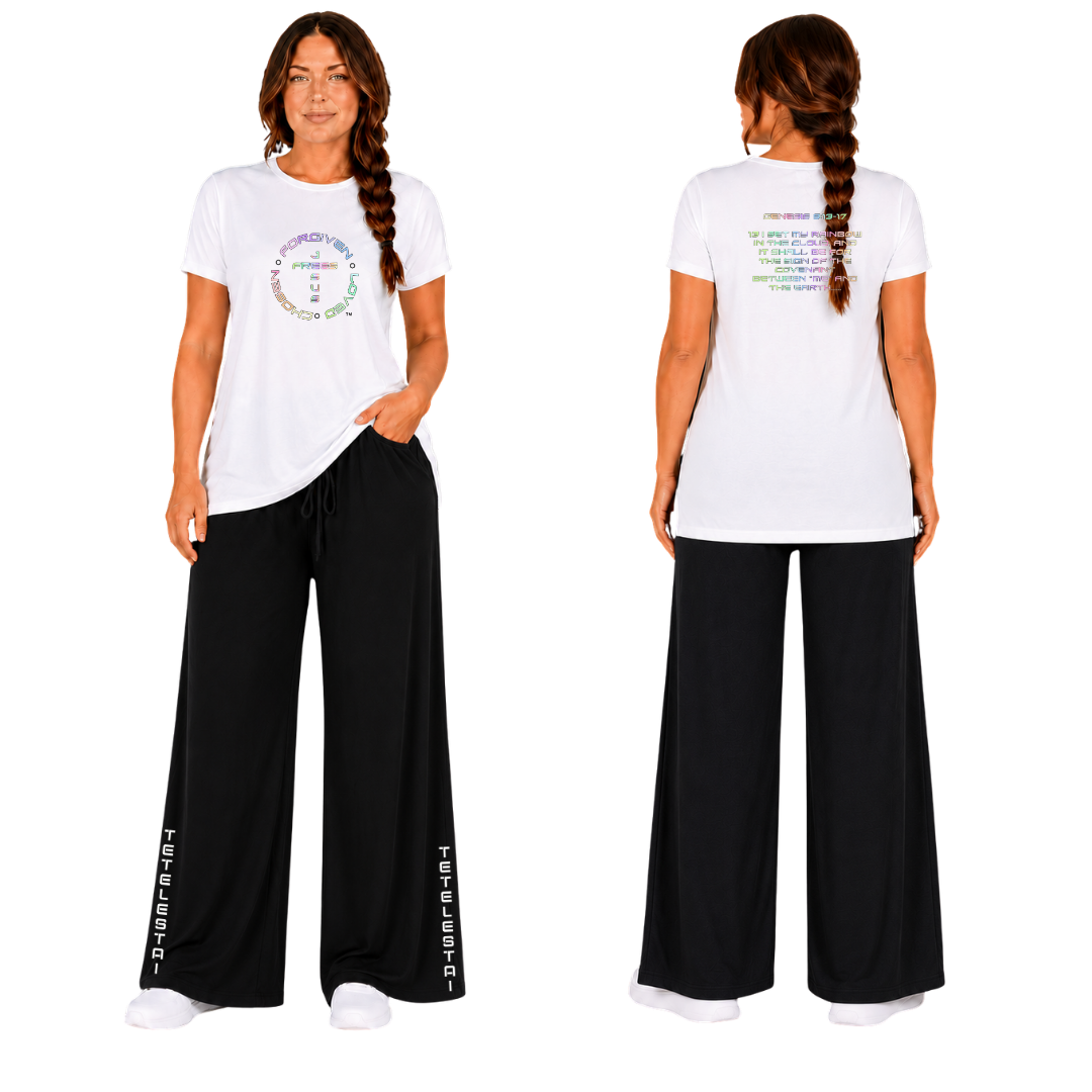 Jesus Frees - G64 Soft Style White Cotton Women's T-Shirt - God's Covenant 143 Rainbow
