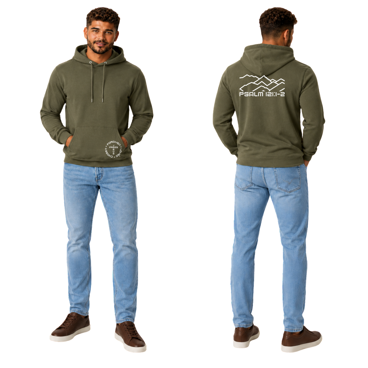 Jesus Frees™ Apparel | Men’s Military Green Scripture Hoodie | Montana Bridger Mountains | 50/50