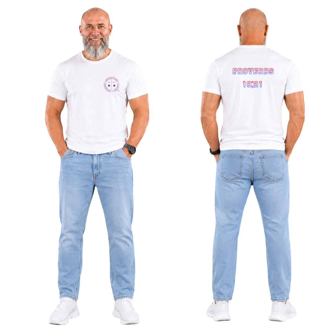 Jesus Frees - G64 Soft Style White Cotton T-Shirt - Font 106 Blue Red