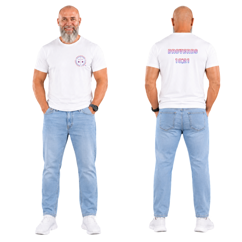 Jesus Frees - G64 Soft Style White Cotton T-Shirt - Font 106 Blue Red