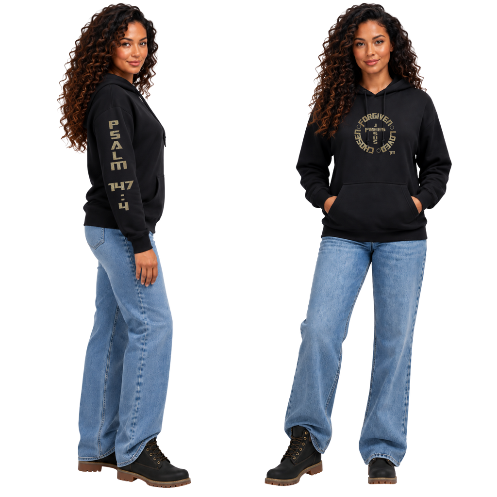 Jesus Frees™ Apparel | Women’s Scripture Hoodie | Font 153 Gold