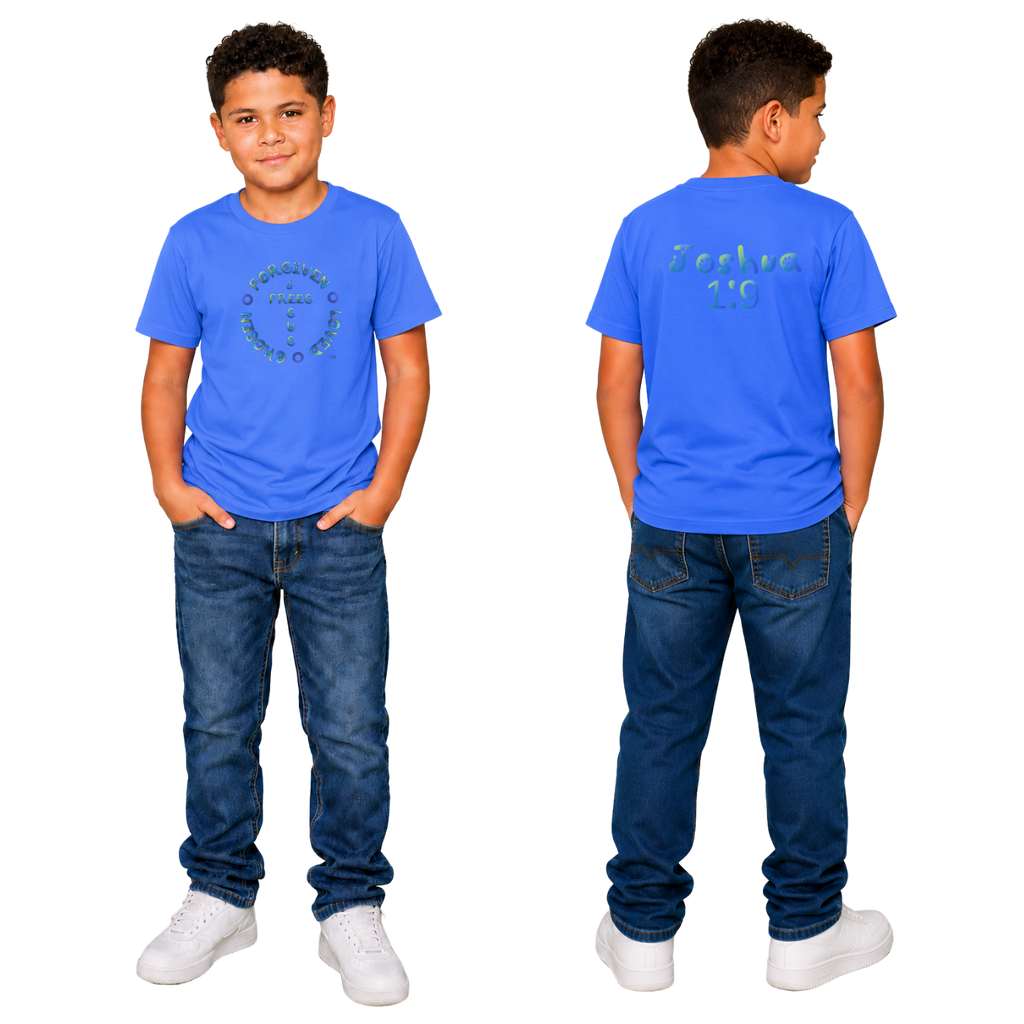 Jesus Frees - Kids 100% Cotton T-Shirts Boys - Font 97 Paws - Blue Fade