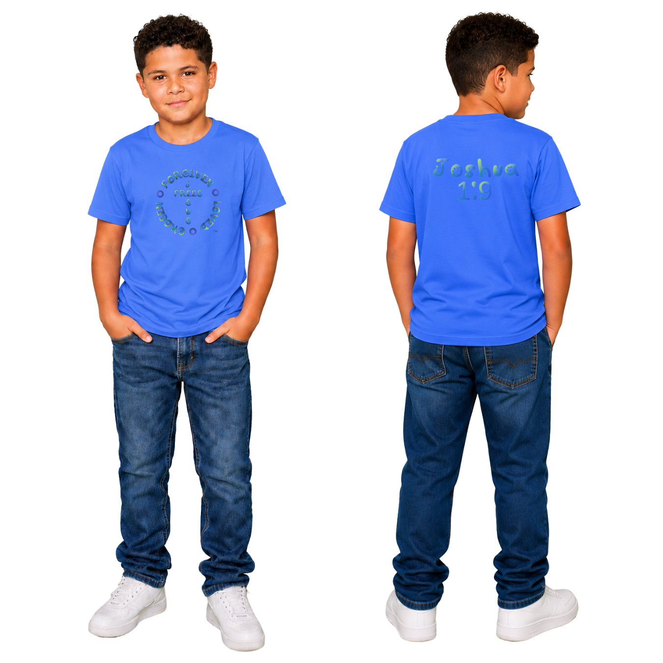 Jesus Frees - Kids 100% Cotton T-Shirts Boys - Font 97 Paws - Blue Fade