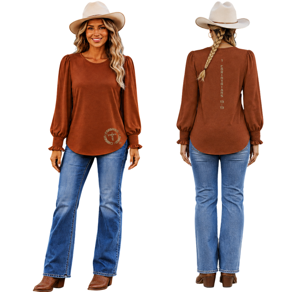 Jesus Frees™ Apparel | Women's Long Sleeve Scripture Shirt | Font 153 Gold with Glitter | XD