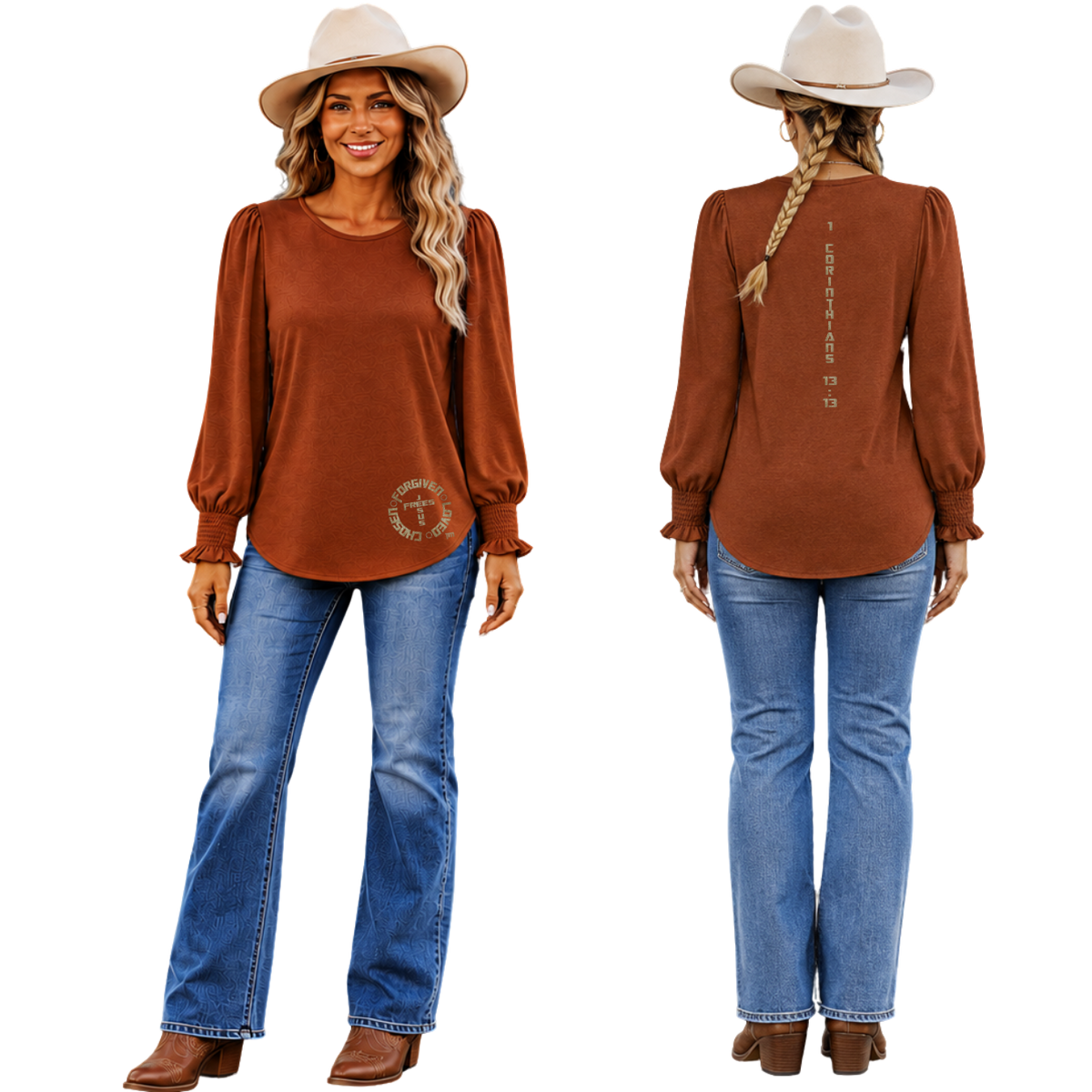 Jesus Frees™ Apparel | Women's Long Sleeve Scripture Shirt | Font 153 Gold with Glitter | XD