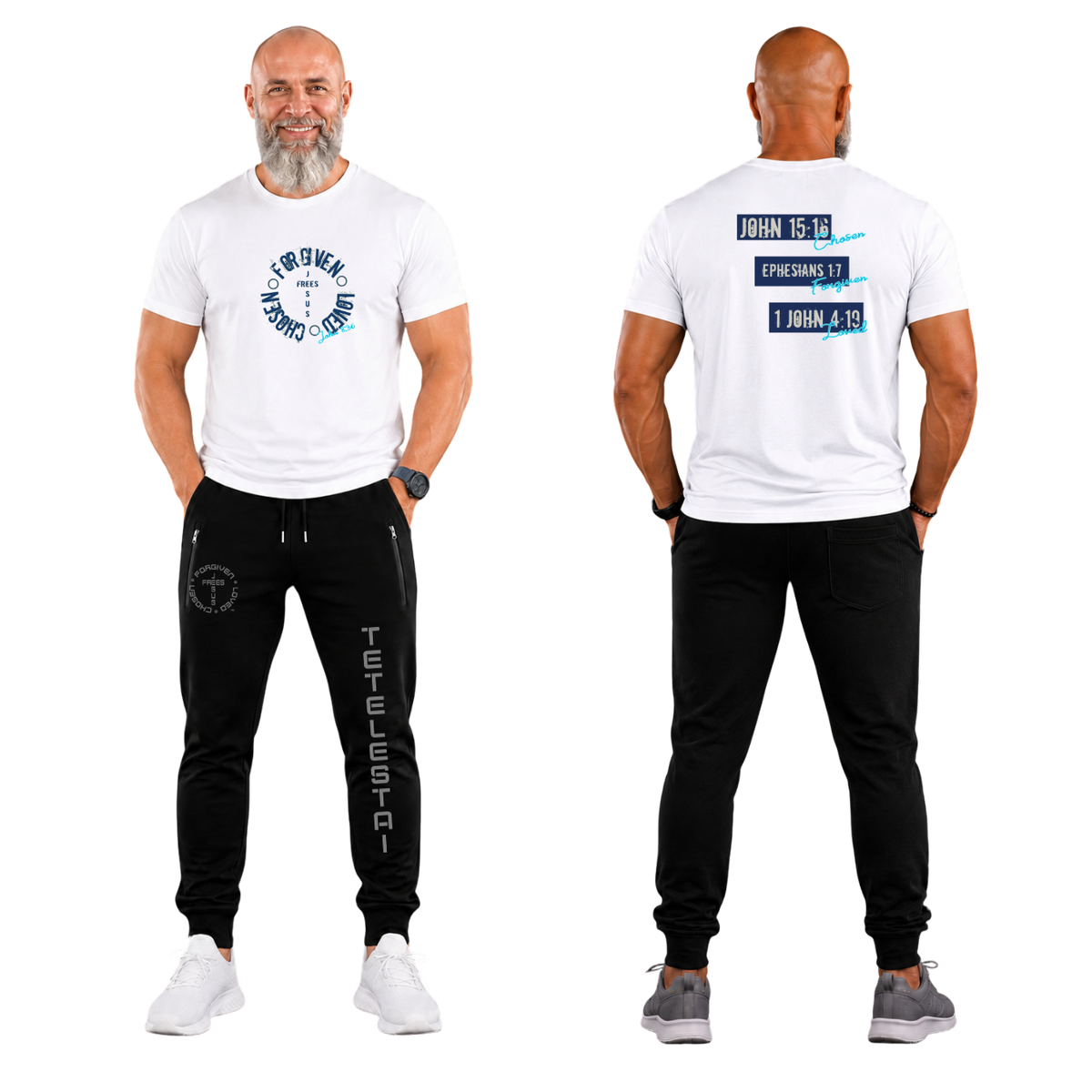 Jesus Frees™ Apparel | G64 Men's White Cotton Christian Tee | Free-Chosen-Forgiven-Loved | Font 60 Navy