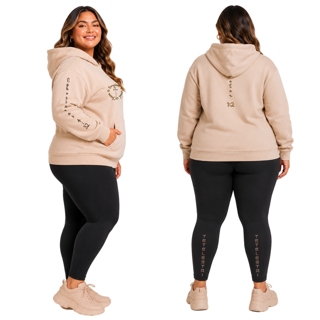 Jesus Frees™ Apparel | Women's Beige Long Sleeve Scripture Hoodie | Font 223 Brown | Tino