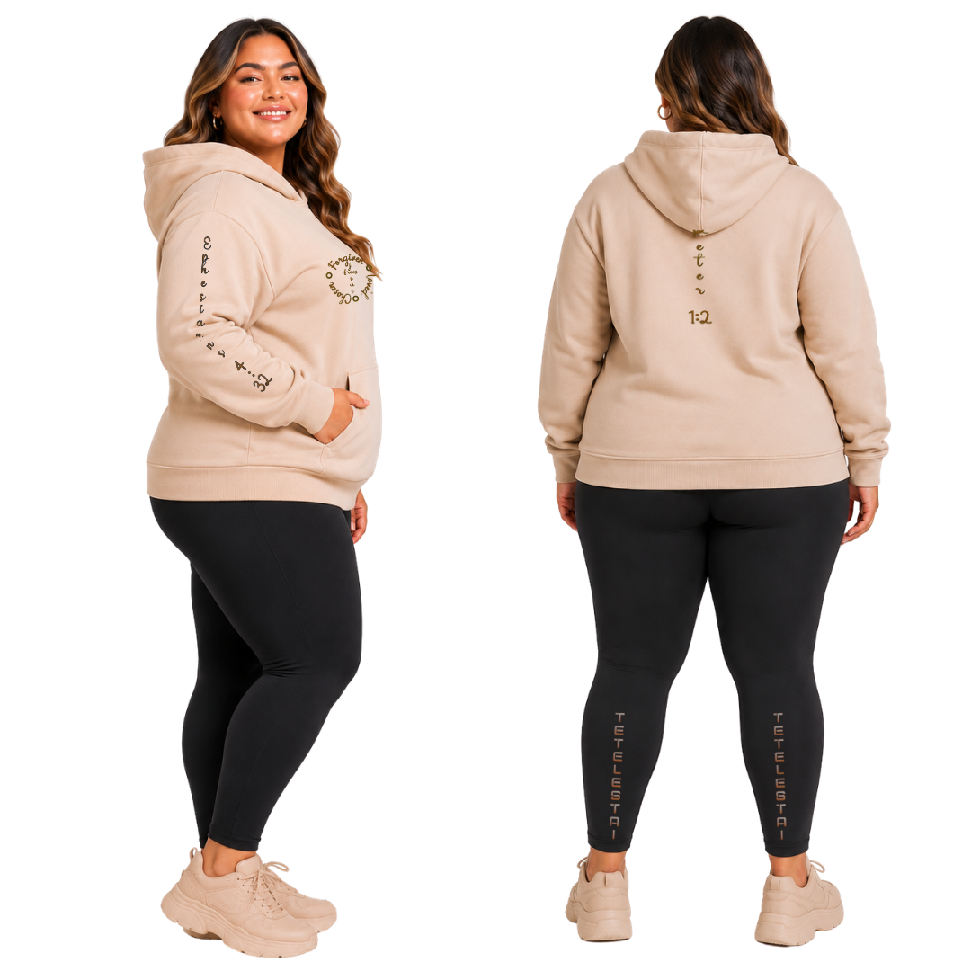 Jesus Frees™ Apparel | Women's Beige Long Sleeve Scripture Hoodie | Font 223 Brown | Tino