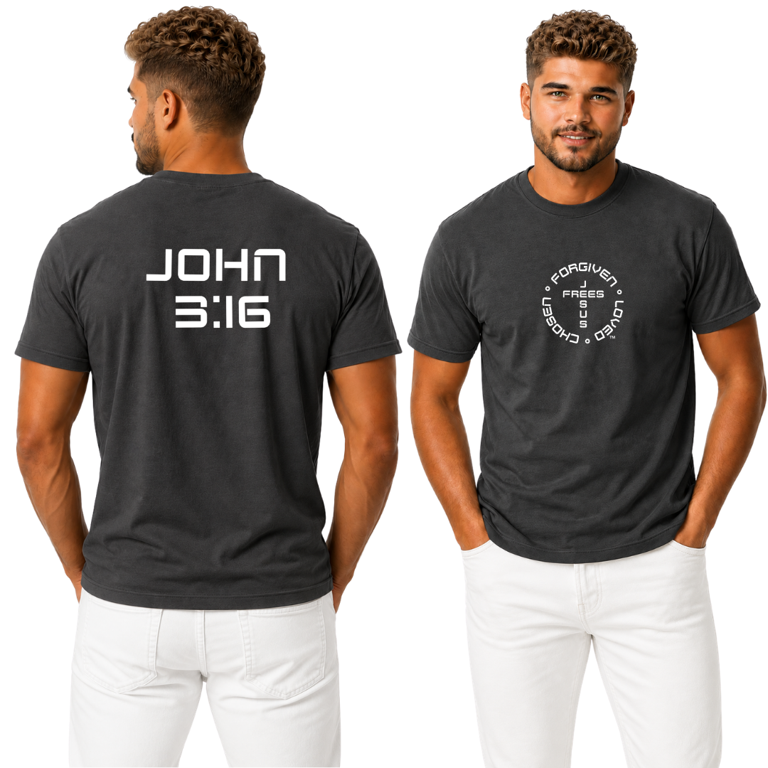 Jesus Frees - G20 Charcoal Ultra Cotton Men's T-Shirt - Font 49 White