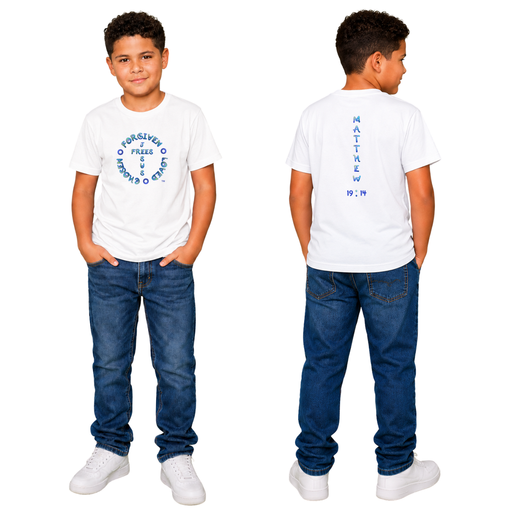 Jesus Frees - Kids 100% Cotton T-Shirts Boys - Font 97 Paws Matthew 19:14 Blue Green Fade