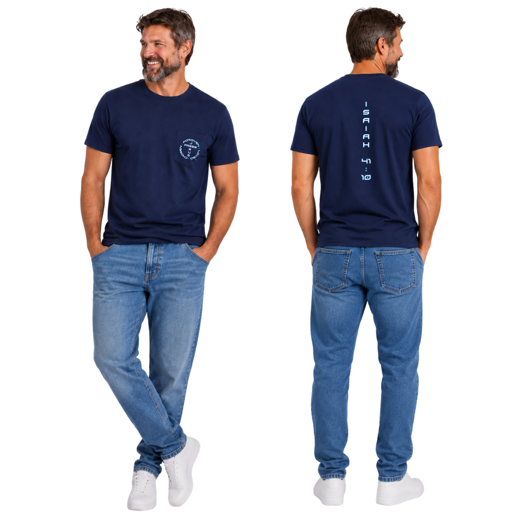 Jesus Frees - HP Pocket Cotton Men's T-Shirt - Font 143 White with Blue Outline