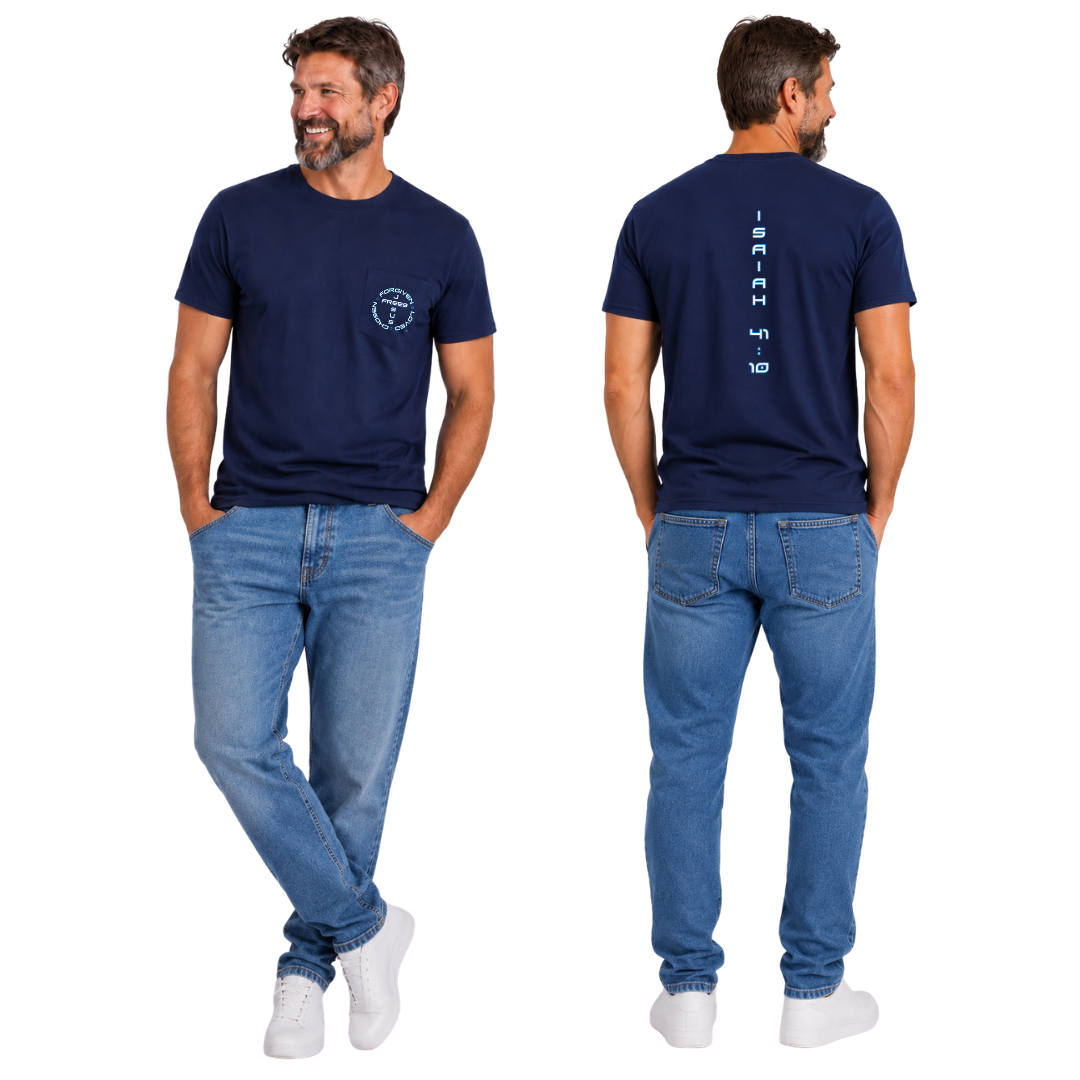 Jesus Frees - HP Pocket Cotton Men's T-Shirt - Font 143 White with Blue Outline