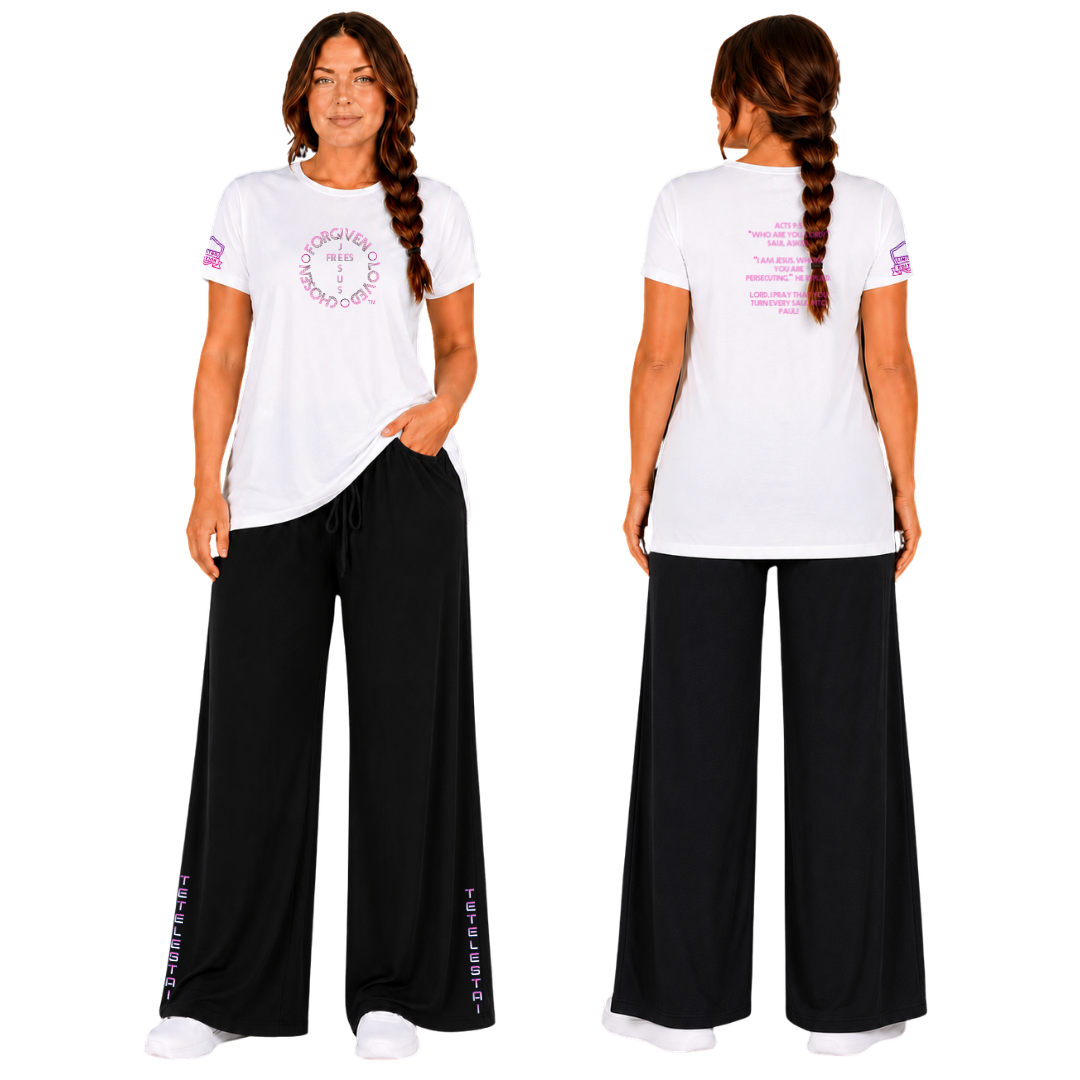 Jesus Frees - G64 Soft Style White Cotton Women's T-Shirt - For the Bold & Courageous - Acts 9:5 + Prayer Font 122 Pink