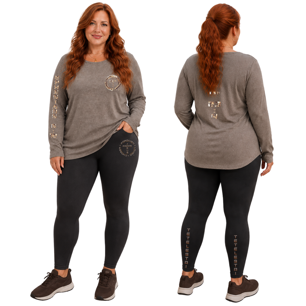 Jesus Frees - Joell Women's Long Sleeve Khaki Heather Crew Neck Shirt - 153 Sand Camo