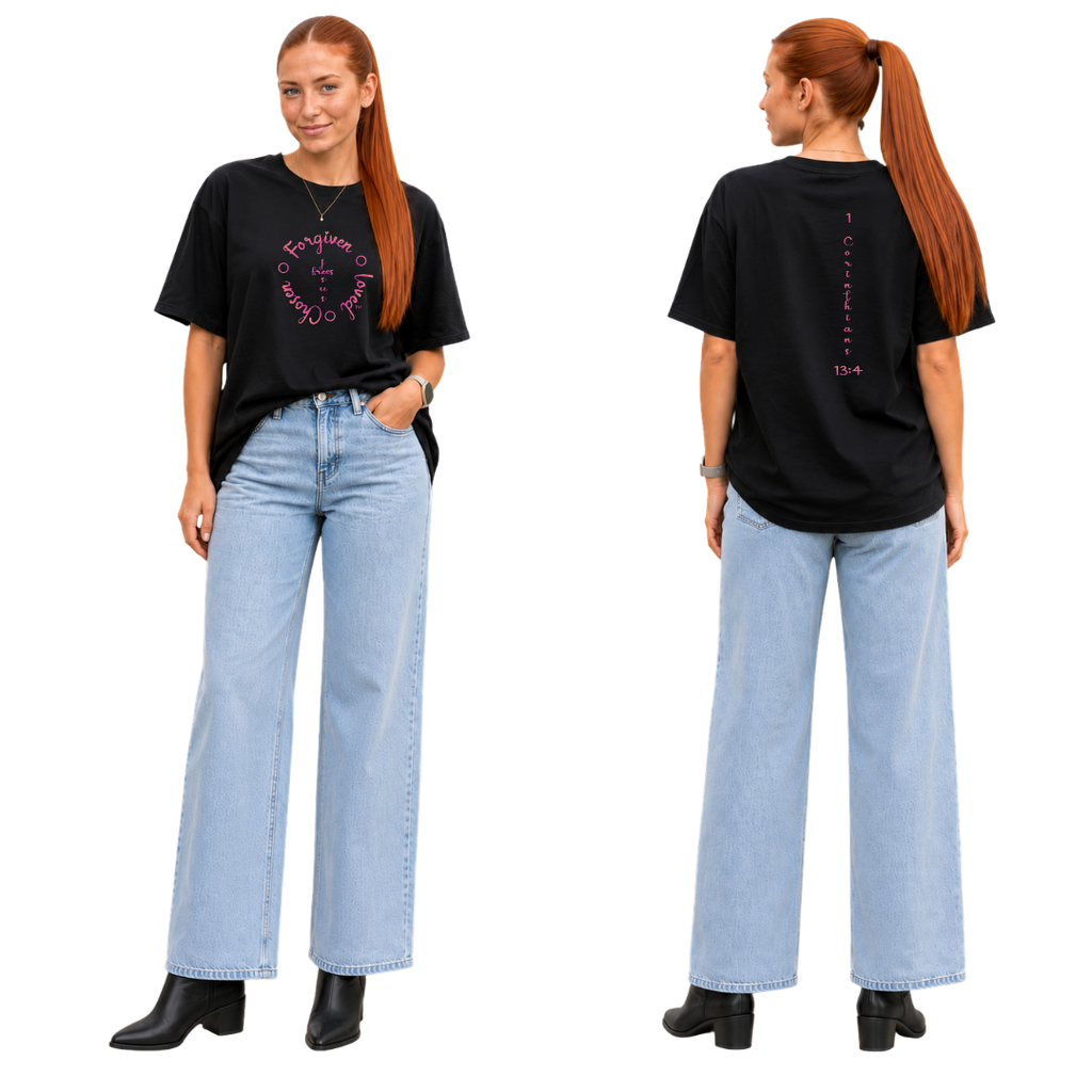 Jesus Frees - SICU Oversized Short Sleeve Women's Shirt - Font 223 Fuchsia Light Tips - 1 Corinthians 13:4