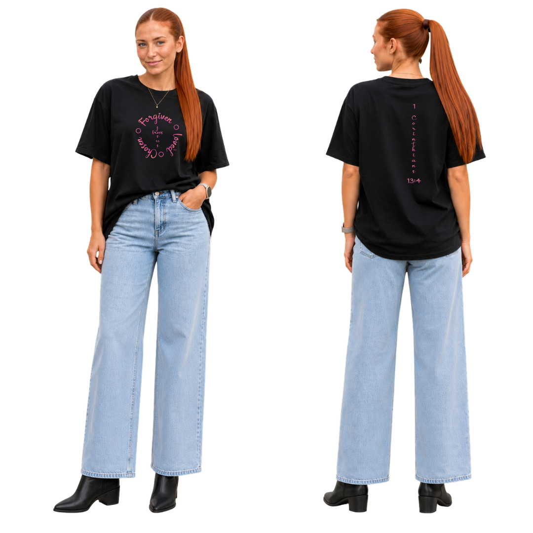 Jesus Frees - SICU Oversized Short Sleeve Women's Shirt - Font 223 Fuchsia Light Tips - 1 Corinthians 13:4