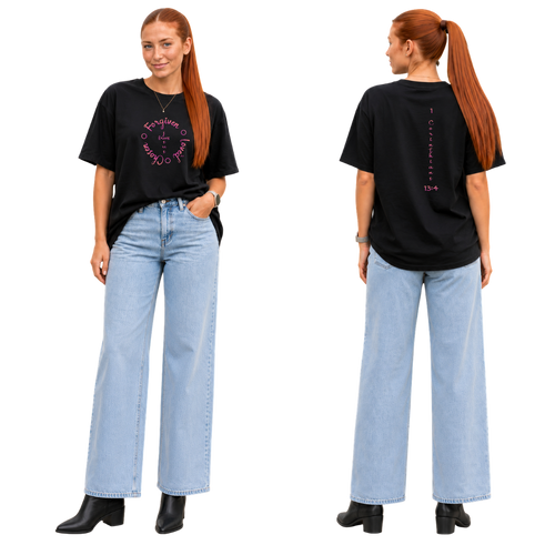 Jesus Frees - SICU Oversized Short Sleeve Women's Shirt - Font 223 Fuchsia Light Tips - 1 Corinthians 13:4