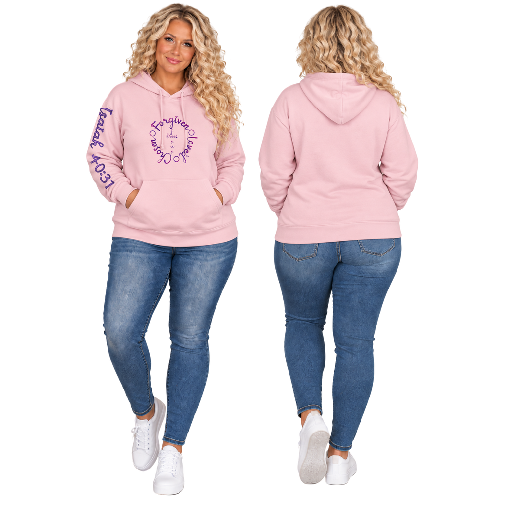 Jesus Frees™ Apparel | Women’s Light Pink Scripture Hoodie | Purple Font 223