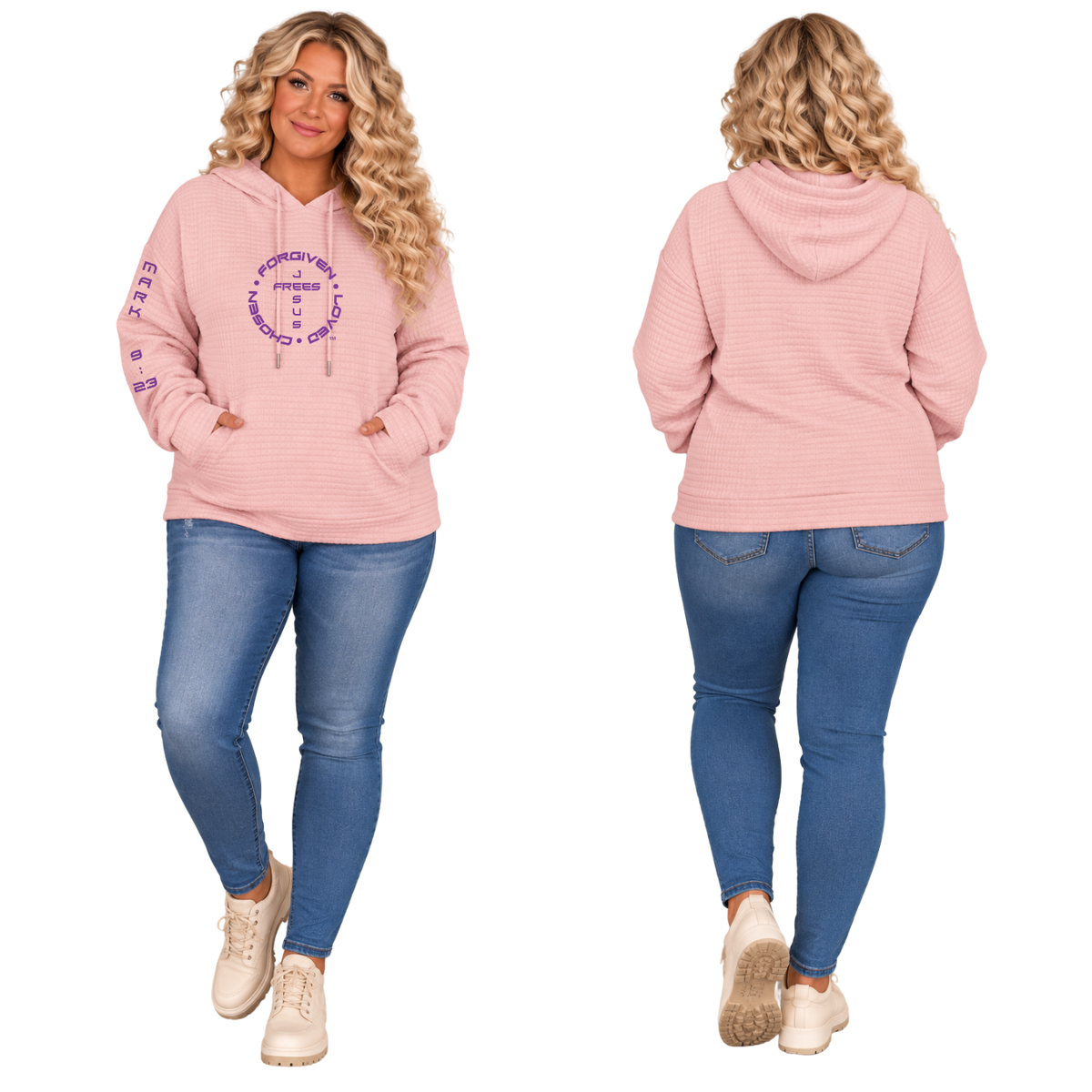 Jesus Frees™ Apparel | Women’s Plus Size Pink Waffle Scripture Hoodie | Font 143