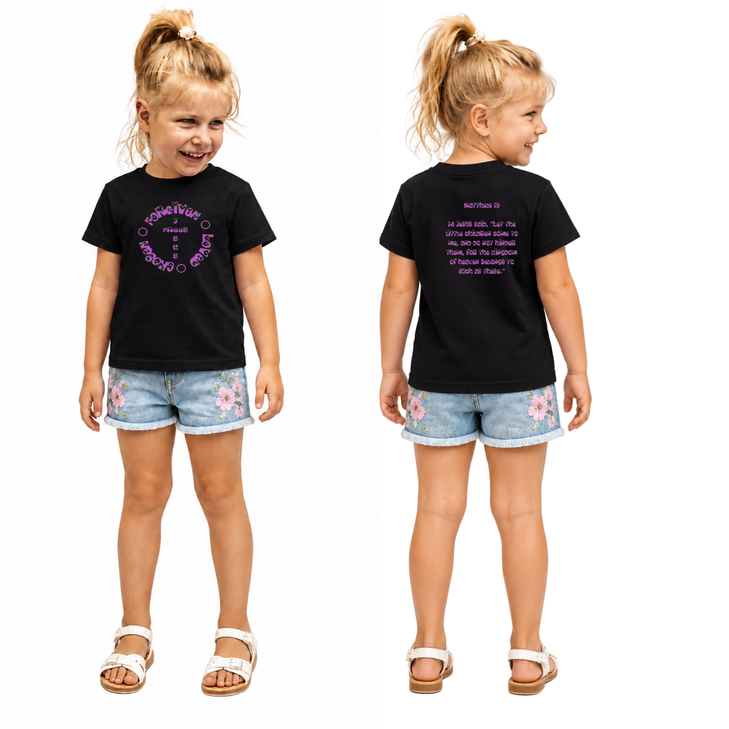 Jesus Frees - Kids 100% Cotton T-Shirts Girls - Font 58 Hearts Matthew 19:14 Pink-Purple Fade