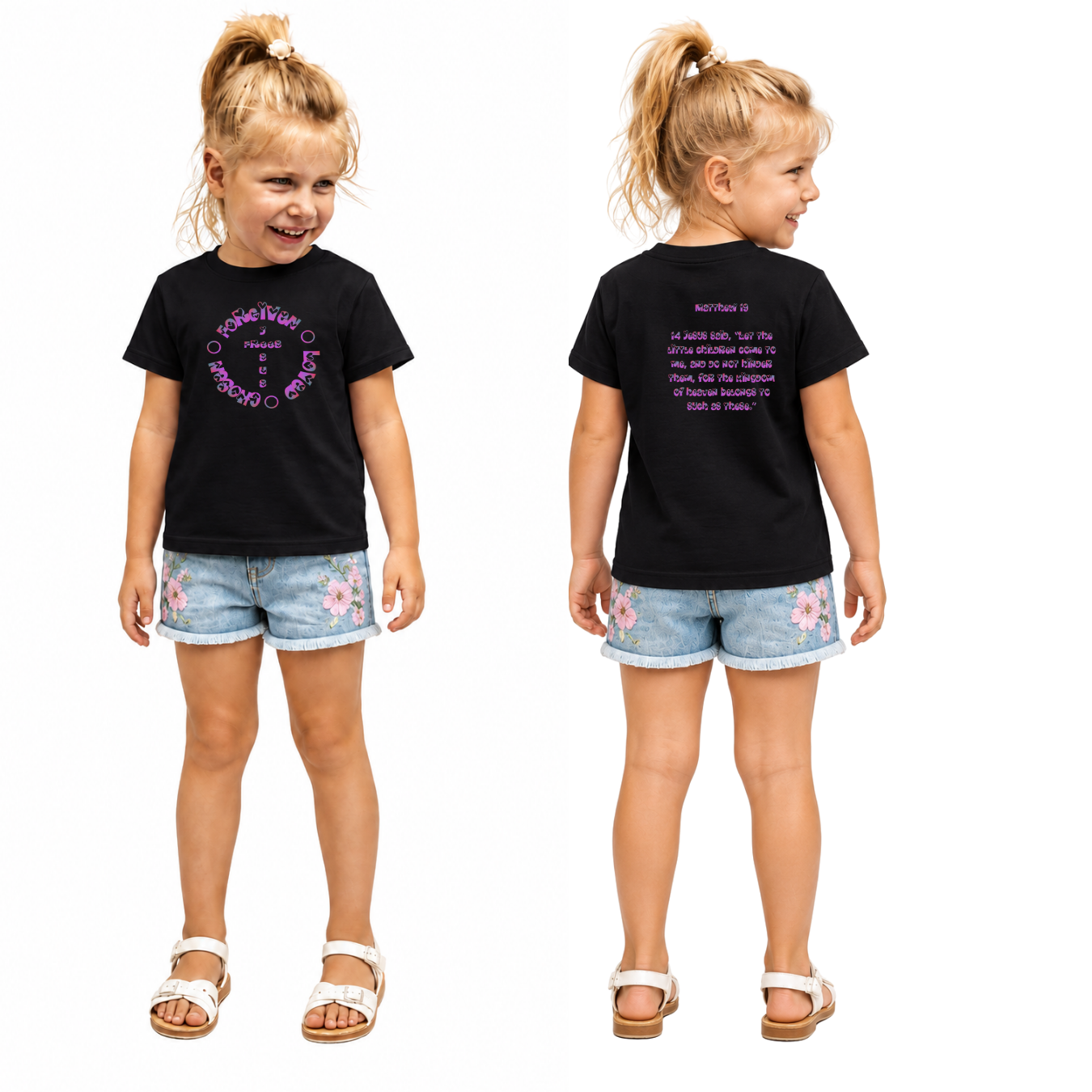 Jesus Frees - Kids 100% Cotton T-Shirts Girls - Font 58 Hearts Matthew 19:14 Pink-Purple Fade
