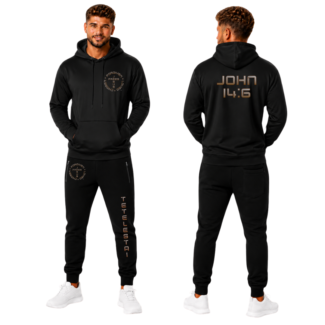 Jesus Frees | Champ Men's Black Jogger Sweatpants | Tetelestai Font 49 Fade