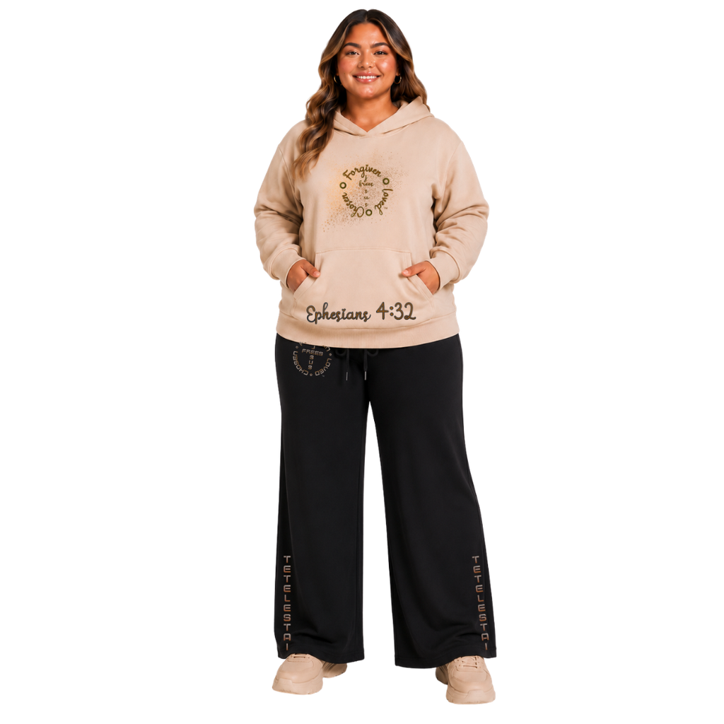 Jesus Frees™ Apparel | Women's Beige Long Sleeve Scripture Hoodie | Font 223 Brown | Tino