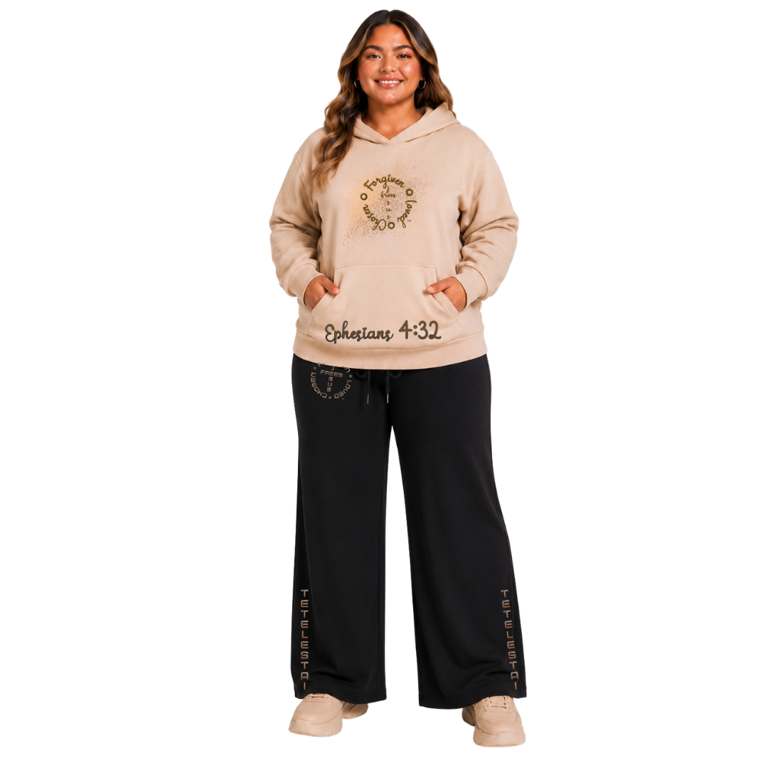 Jesus Frees™ Apparel | Women's Beige Long Sleeve Scripture Hoodie | Font 223 Brown | Tino