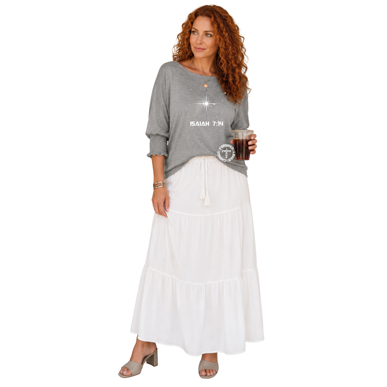 Jesus Frees - DK Women's Boat Neckline 3/4 Elastic Cuff - 153 Star of Bethlehem - Light Gray