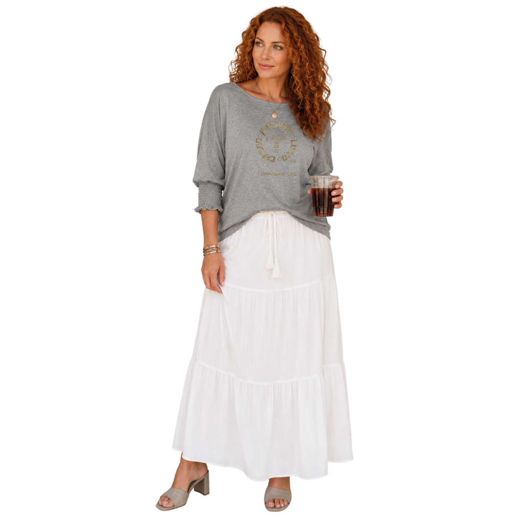 Jesus Frees - DK Women's Boat Neckline 3/4 Elastic Cuff - 153 Gold - Light Gray