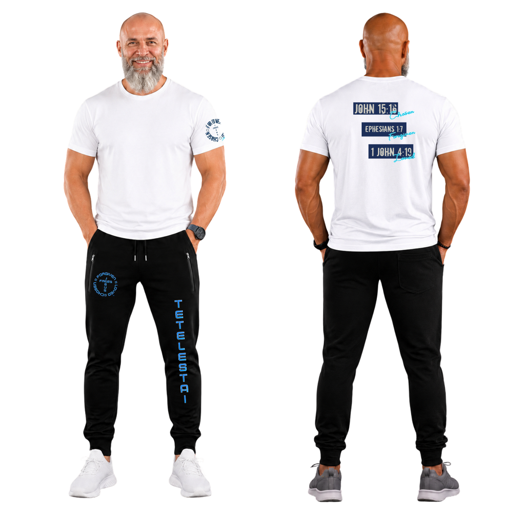 Jesus Frees™ Apparel | G64 Men's White Cotton Christian Tee | Free-Chosen-Forgiven-Loved | Font 60 Navy