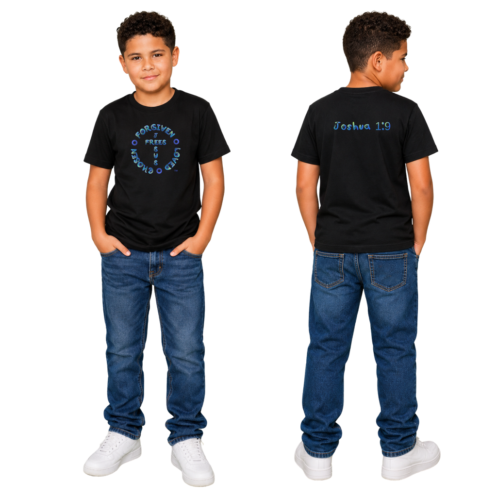 Jesus Frees - Kids 100% Cotton T-Shirts Boys - Font 97 Paws - Blue Fade
