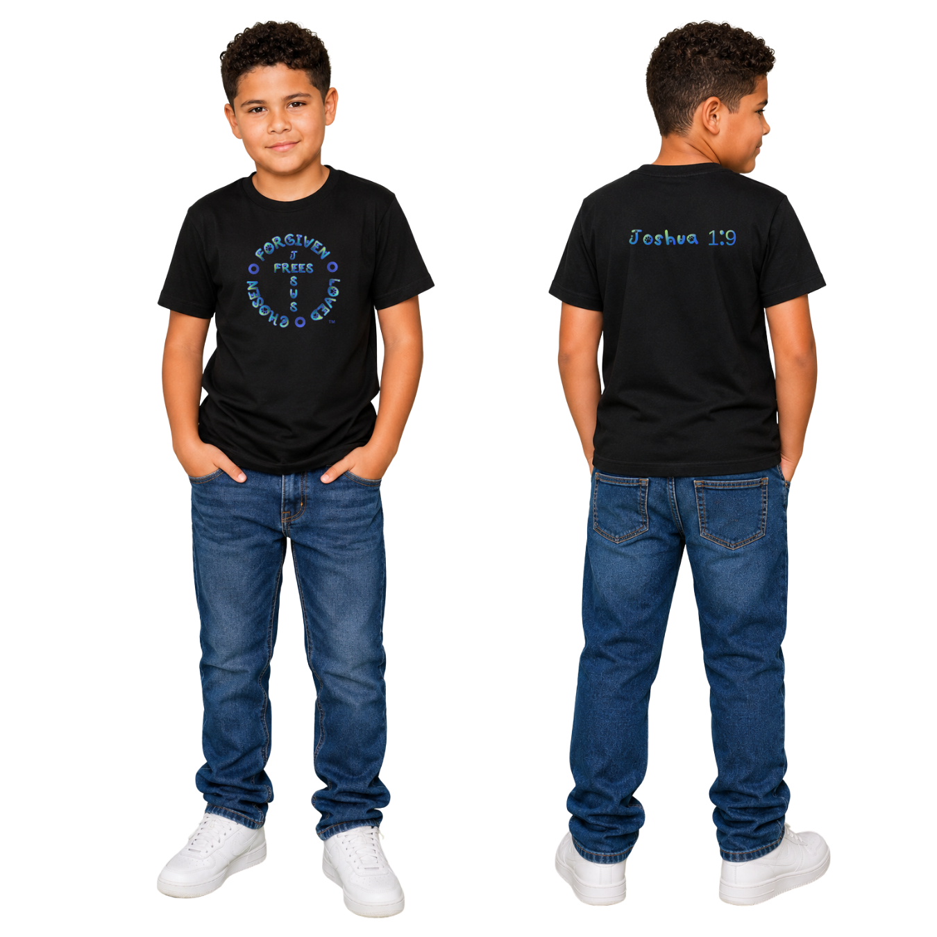 Jesus Frees - Kids 100% Cotton T-Shirts Boys - Font 97 Paws - Blue Fade